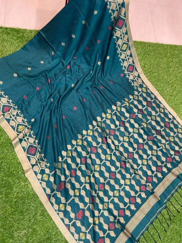 Aarong Jamdani Saree - Peacock Blue with Silver Border